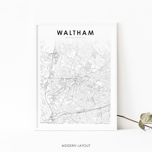 Puede incluir: Una impresión de mapa en blanco y negro de Waltham, Massachusetts. La impresión presenta un diseño moderno e incluye el nombre de la ciudad y el estado.