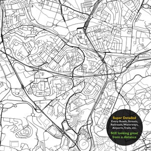 May include: A black and white detailed map of a city with roads, streets, railroads, waterways, airports, and trails. The text "Super Detailed" and "Every Roads, Streets, Railroads, Waterways, Airports, Trails, etc. Still looking great from a distance" is in a circle at the bottom of the map.