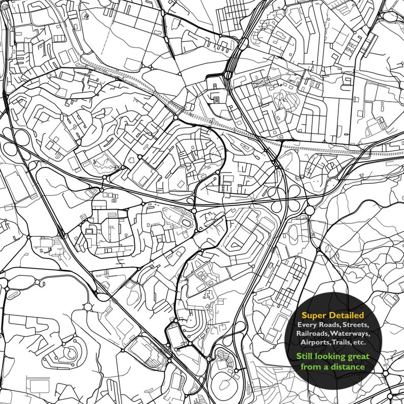 May include: A black and white detailed map of a city with roads, streets, railroads, waterways, airports, and trails. The text "Super Detailed" and "Every Roads, Streets, Railroads, Waterways, Airports, Trails, etc. Still looking great from a distance" is in a circle at the bottom of the map.