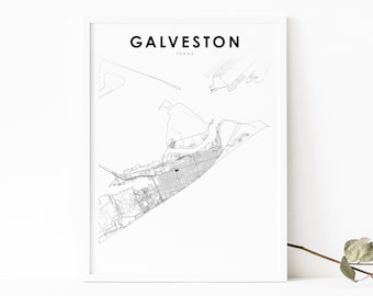 Impressão de mapa de Galveston TX, pôster de arte de mapa do Texas EUA, impressão de mapa de estradas de cidade, decoração de parede de quarto de berçário, mapa imprimível