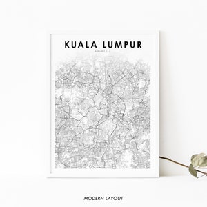 Impressão de mapa de Kuala Lumpur, Malásia, pôster de arte de mapa, impressão de mapa de estrada de rua da cidade, decoração de parede de quarto de berçário, mapa imprimível