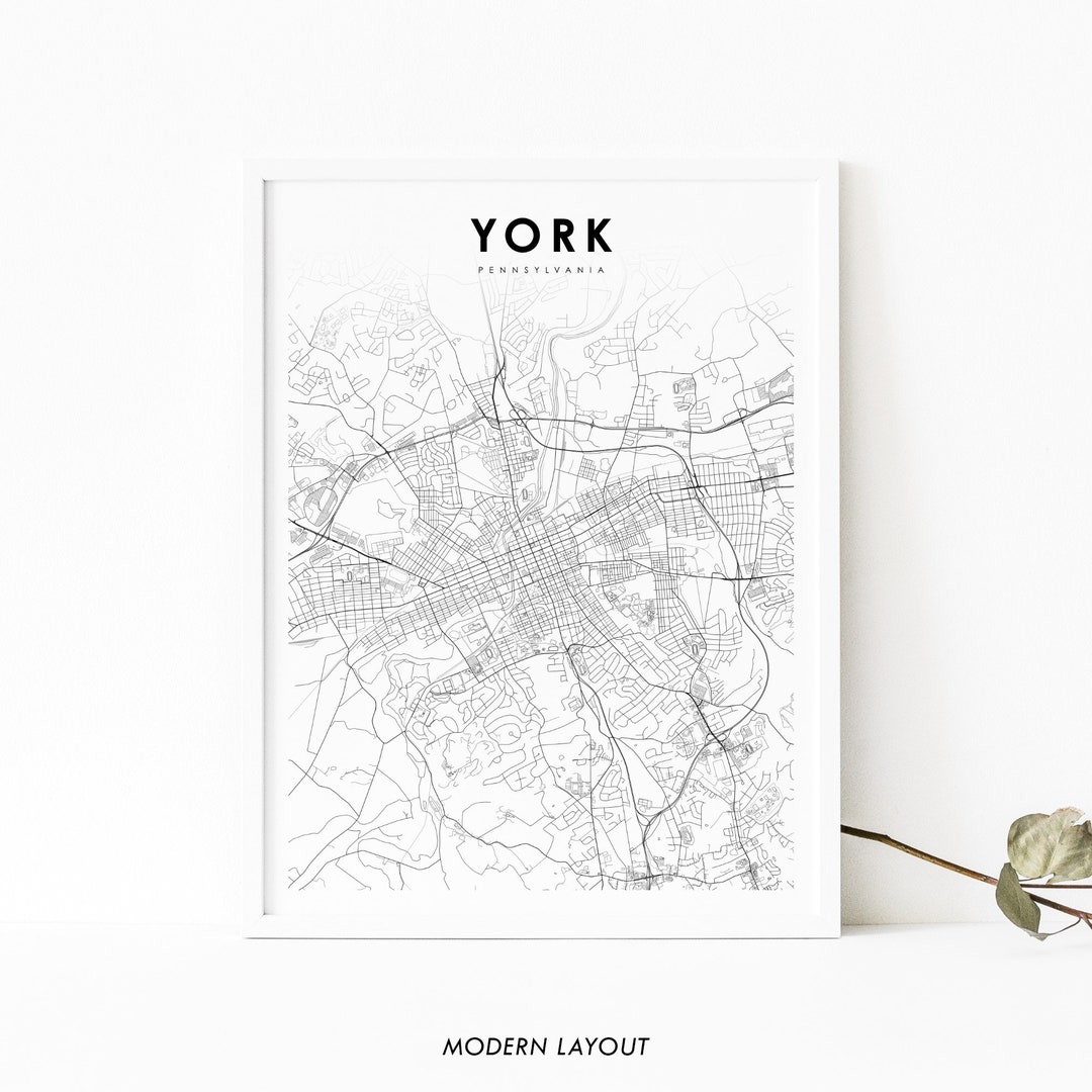 York PA Map Print, Pennsylvania USA Map Art Poster, White Rose, City ...