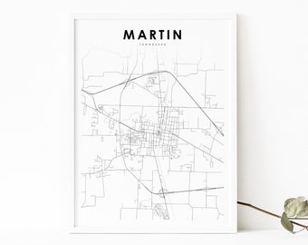 Impresión de mapas de Martin TN, cartel de arte de mapas de Tennessee EE. UU., condado de Weakley, impresión de mapas de carreteras de la calle de la ciudad, decoración de la oficina de la pared de la guardería, mapa imprimible