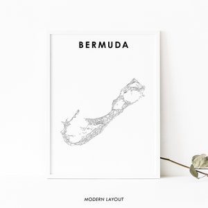 May include: A black and white line art map of Bermuda with the word "BERMUDA" in black text at the top of the image and the words "MODERN LAYOUT" in black text at the bottom of the image.