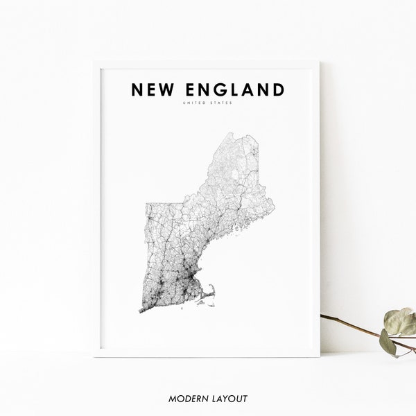 New England Map Print, United States USA Map Art Poster, Massachusetts Maine Vermont, Nursery Room Office Wall Decor, Minimalist Printable