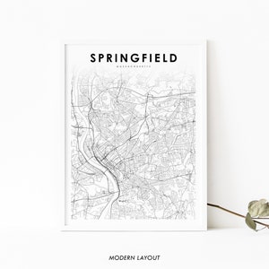 Puede incluir: Una impresión de mapa en blanco y negro de Springfield, Massachusetts. La impresión presenta un diseño moderno con un diseño minimalista. Las calles y las vías fluviales de la ciudad son claramente visibles.