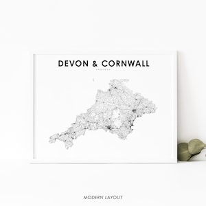 Devon & Cornwall England Karte Druck, UK Vereinigtes Königreich Straßenkarte Kunst Poster, Plymouth Exeter Kinderzimmer Wand Büro Dekor, druckbare Karte
