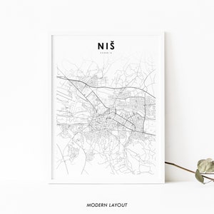 Impressão de mapa de Nis Sérvia, pôster de arte de mapa de Niš, Ниш Србија, impressão de mapa de estradas de ruas da cidade, decoração de escritório de parede de quarto de berçário, mapa para impressão