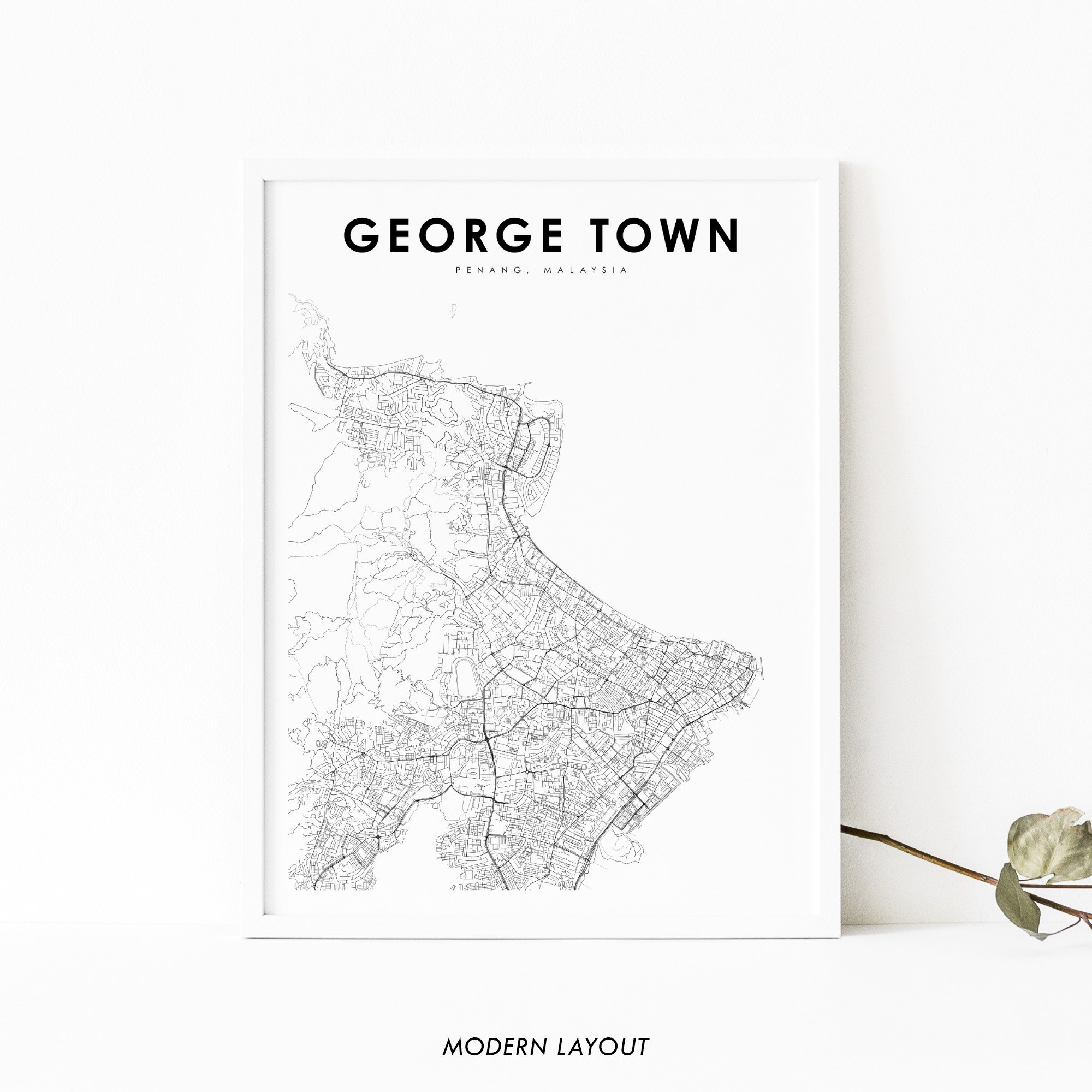 George Town Malaysia Map Print, Penang Map Art Poster, Penaga