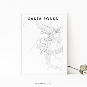 Impressão de mapa de Santa Ponsa Espanha, pôster de arte de mapa, Santa Ponça España, impressão de mapa de estradas de ruas da cidade, decoração de escritório de parede de berçário, mapa para impressão