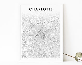 Charlotte NC Map Print, North Carolina USA Map Art Poster, City Street Road Map Print, Nursery Room Wall Office Decor, Printable Map