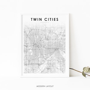Impressão de mapa de Twin Cities MN, pôster de arte de mapa de Minnesota EUA, Minneapolis Saint Paul, impressão de mapa de estradas de rua da cidade, decoração de parede de escritório de berçário