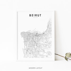 Impressão de mapa de Beirute Líbano, pôster de arte de mapa, بيروت Beyrouth Bayrūt, impressão de mapa de estradas da cidade, decoração de parede de quarto de berçário, mapa para impressão