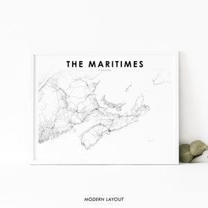 L'impression de carte des Maritimes, l'impression de carte routière du Canada atlantique, l'affiche d'art de carte de la Nouvelle-Écosse, la carte imprimable minimaliste de décor de mur de bureau de salle de pépinière