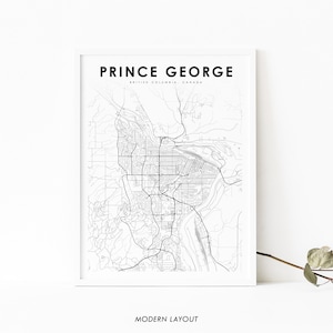 Impressão de mapa de Prince George BC, pôster de arte de mapa da Colúmbia Britânica Canadá, impressão de mapa de estradas de ruas da cidade, decoração de parede de escritório de quarto de berçário, mapa para impressão