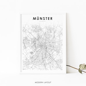 Impressão de mapa de Münster Alemanha, pôster de arte de mapa de Munster, impressão de mapa de estrada de cidade, decoração de escritório de parede de quarto de berçário, mapa imprimível