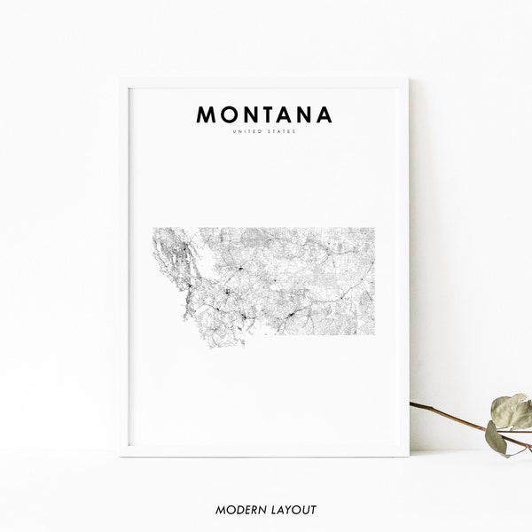 Montana Map Print, State Road Map Print, MT USA United States Map Art Poster, Nursery Room Wall Office Decor, Printable Map