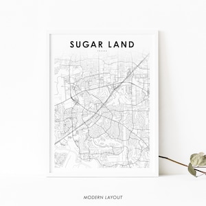 Impressão de mapa Sugar Land TX, pôster de arte de mapa do Texas EUA, impressão de mapa de estradas de Fort Bend Woodlands, decoração de escritório de parede de quarto de berçário, mapa para impressão