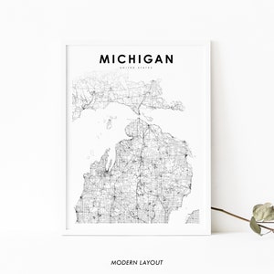 Northern Michigan Map Print, State Road Map Print, MI USA United States Map Art, Nursery Room Wall Office Decor, Printable Map