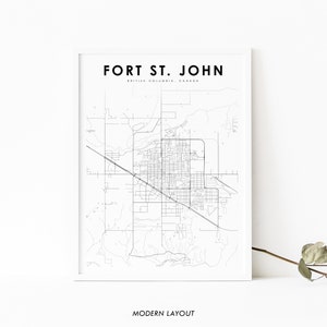 Fort St. John BC Karte Druck, British Columbia Kanada Karte Kunst Poster, Stadt Straße Karte Druck, Kinderzimmer Wand Bürodekor, druckbare Karte