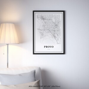 May include: Black and white map print of Provo, Utah in a black frame. The print is 20 inches by 28 inches (50 cm by 70 cm).