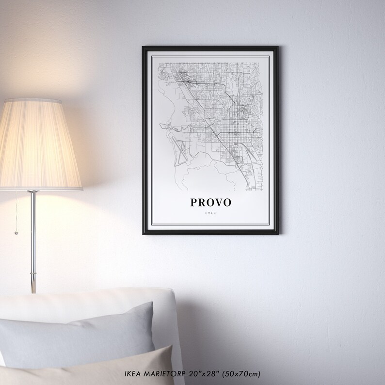 May include: Black and white map print of Provo, Utah in a black frame. The print is 20 inches by 28 inches (50 cm by 70 cm).