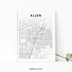 Stampa della mappa di Allen TX, Poster artistico della mappa del Texas USA, Contea di Dallas Collin, Stampa della mappa stradale della città, Decorazione dell&#39;ufficio della parete della stanza della scuola materna, Mappa stampabile