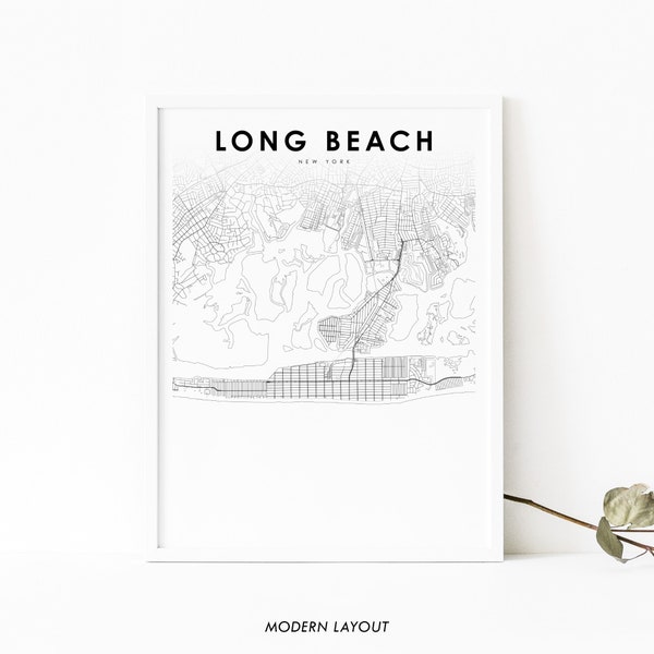 Long Beach NY Map Print, New York USA Map Art Poster, Nassau County, City Street Road Map Print, Nursery Room Wall Office Decor, Printable
