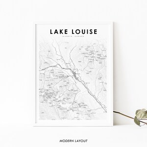 Impresión del mapa del área de Lake Louise, Alberta, póster artístico del mapa de Alberta, Canadá, Montañas Rocosas Canadienses, impresión de mapa de carreteras, decoración de pared para oficina, mapa minimalista imprimible