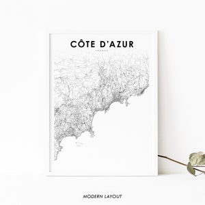 Cote d'Azur Frankreich Karte Drucken, Karte Kunst Poster, Côte d'Azur Französische Riviera Azur, Stadt Straße Karte Drucken, Kinderzimmer Wand Büro Dekor