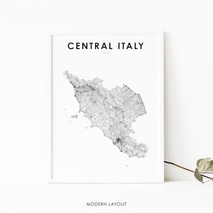 May include: A black and white line art map of Central Italy. The map shows the roads and highways of the region. The text "CENTRAL ITALY" and "ITALY" is printed in black at the top of the map.