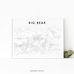 Impresión de mapas de Big Bear CA, cartel de arte de mapas de California EE. UU., impresión de mapas de carreteras de la calle San Bernardino, decoración de la oficina de la pared de la guardería, mapa imprimible