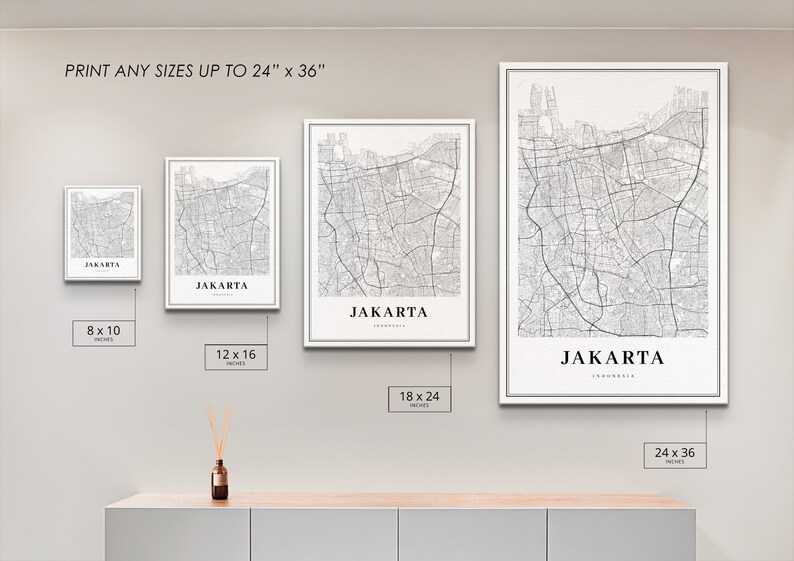 May include: Four framed black and white maps of Jakarta, Indonesia, displayed on a wall. The maps are in different sizes: 8x10 inches, 12x16 inches, 18x24 inches, and 24x36 inches. The text "PRINT ANY SIZES UP TO 24" x 36" is at the top of the image.