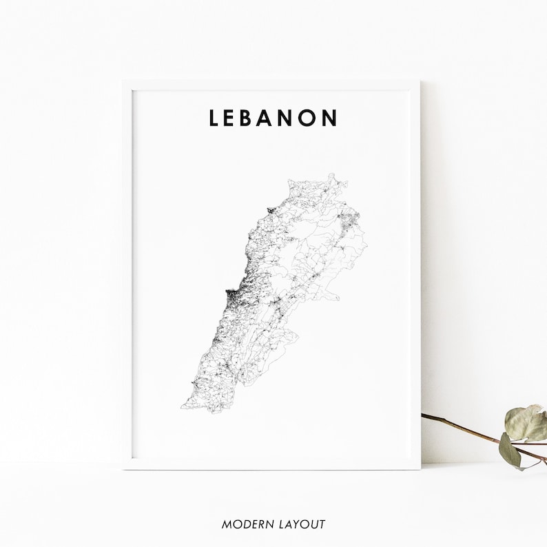 May include: A black and white line art map of Lebanon with the word "LEBANON" printed in black at the top of the map. The words "MODERN LAYOUT" are printed in black at the bottom of the map.