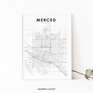 Merced CA kaart print, Californië VS kaart art poster, Yosemite Park, City Street wegenkaart print, kinderkamer kantoor muur decor, afdrukbare kaart