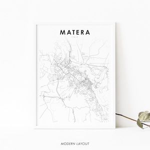 Könnte beinhalten: Eine Schwarz-Weiß-Linienkarte von Matera, Italien. Die Karte ist in einem weißen Rahmen gerahmt und hat den Text "Matera, Italien" und "Modern Layout" unter der Karte gedruckt.