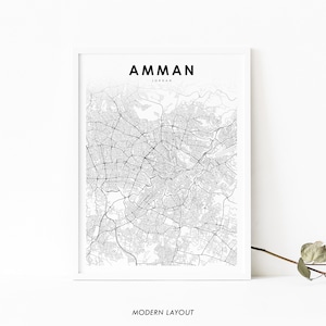 Impressão de mapa de Amman Jordan, pôster de arte de mapa, impressão de mapa de estrada de rua da cidade, decoração de escritório de parede de quarto de berçário, mapa imprimível