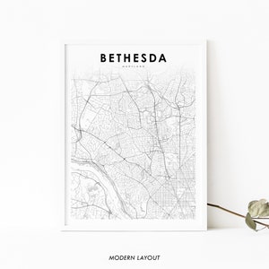Bethesda MD kaart afdrukken, Maryland USA kaart Art Poster, Montgomery, City Road Street kaart afdrukken, kinderkamer muur Office Decor, afdrukbare kaart