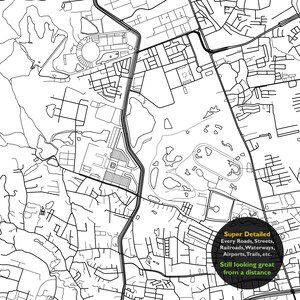 May include: A black and white line drawing of a city map with roads, streets, waterways, and other features. The text "Super Detailed" is in a black circle with a white outline. The text "Every Roads, Streets, Railroads, Waterways, Airports, Trails, etc." is in white text. The text "Still looking great from a distance" is in green text.