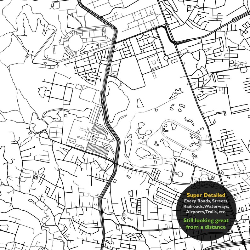 May include: A black and white line drawing of a city map with roads, streets, waterways, and other features. The text "Super Detailed" is in a black circle with a white outline. The text "Every Roads, Streets, Railroads, Waterways, Airports, Trails, etc." is in white text. The text "Still looking great from a distance" is in green text.