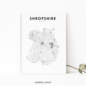 Shropshire England Karte Print, UK Großbritannien Road Map Art Poster, Salop Shrops Karte Art, Kinderzimmer Wand Büro Dekor, druckbare Karte