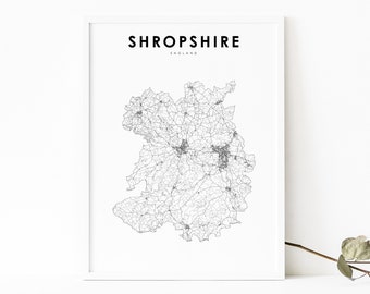 Shropshire England Map Print, UK United Kingdom Road Map Art Poster, Salop Shrops Map Art, Nursery Room Wall Office Decor, Printable Map