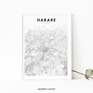 Harare Zimbabwe kaart afdrukken, kunstposter, Salisbury City Street routekaart afdrukken, kinderkamer muur kantoor decor, afdrukbare kaart