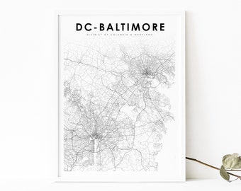 Wydruk mapy DC-Baltimore, plakat artystyczny District of Columbia Maryland DC MD, wydruk mapy drogowej, dekoracja ścienna do pokoju dziecięcego, mapa do druku