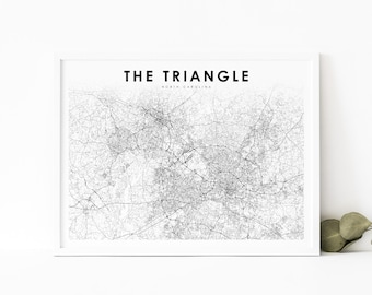 The Triangle NC Map Print, North Carolina USA Map Art Poster, The Research Triangle,  City Street Road Map Print, Office Room Wall Decor