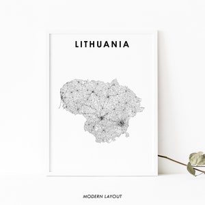May include: A black and white line art map of Lithuania with the word "Lithuania" in black text at the top of the image. The text "MODERN LAYOUT" is at the bottom of the image.