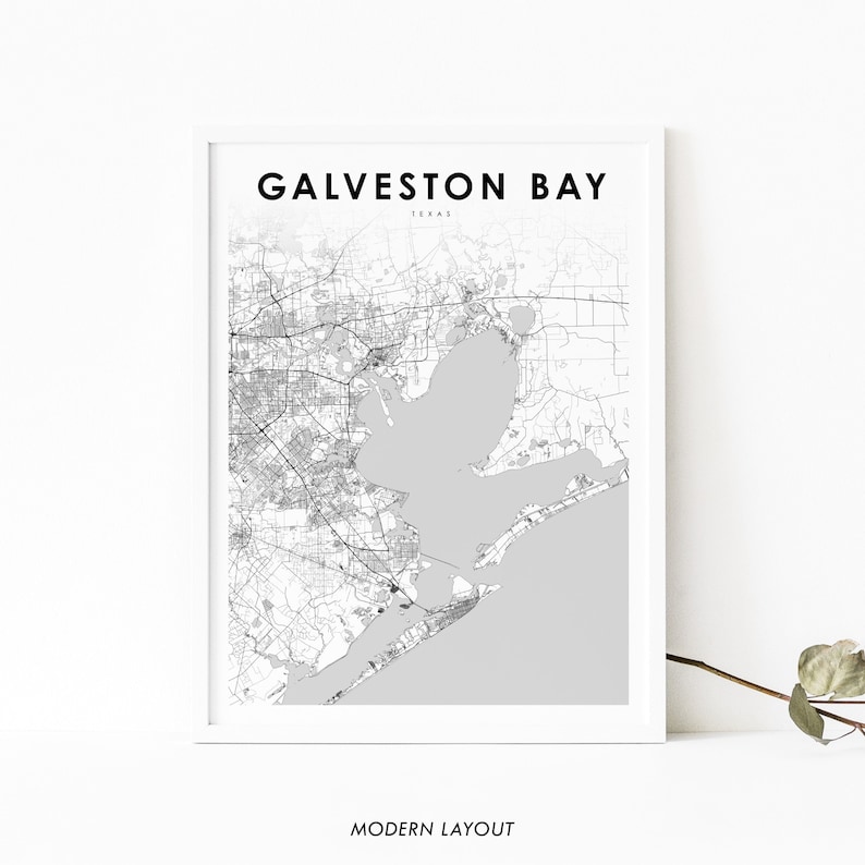 May include: A black and white map print of Galveston Bay, Texas. The map shows the coastline, roads, and bodies of water. The title "Galveston Bay, Texas" is printed at the top of the map.