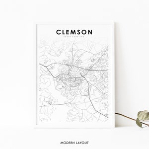 Impressão de mapa de Clemson SC, pôster de arte de mapa da Carolina do Sul EUA, impressão de mapa de estradas de ruas da cidade, decoração de parede de quarto de berçário, mapa para impressão