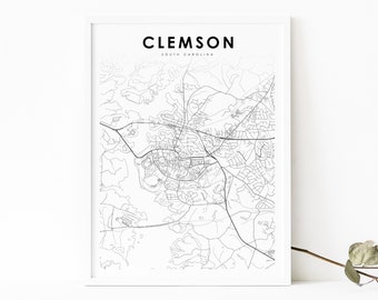 Clemson SC Map Print, South Carolina USA Map Art Poster, City Street Road Map Print, Nursery Room Wall Office Decor, Printable Map