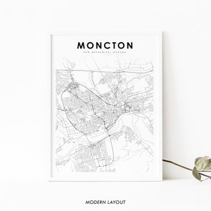 Impression de carte de Moncton au Nouveau-Brunswick, affiche d'art de carte de NB Canada, impression de carte routière de rue de ville, décor de bureau de mur de salle de pépinière, carte imprimable